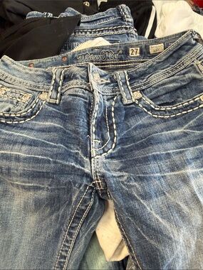 Miss Me Distressed Blue Boot Cut Jeans with Contrast Stitching